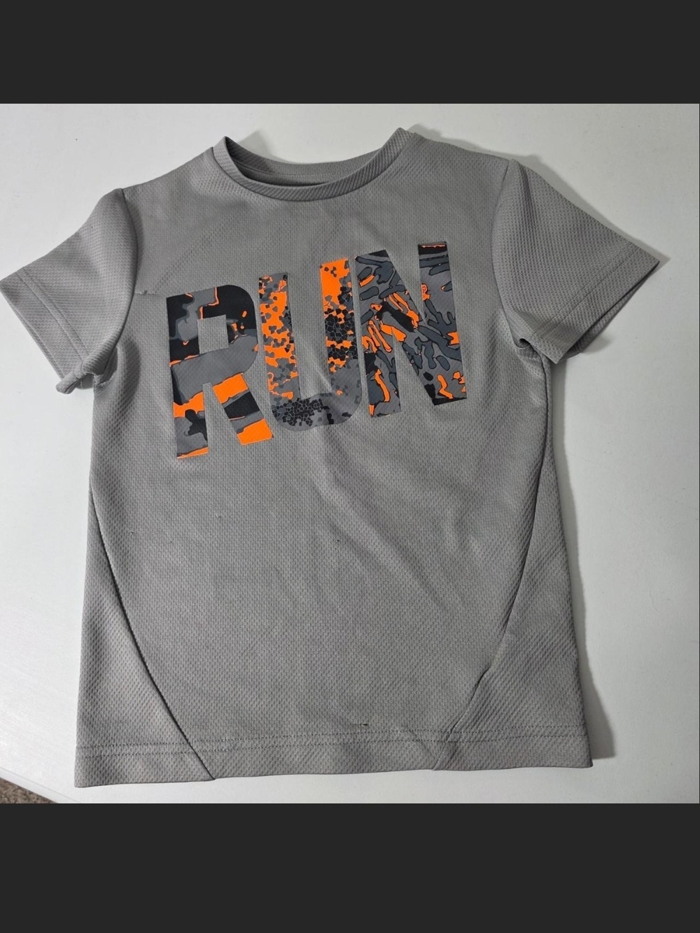 Sport Gray Short Sleeve Tee with Orange Camo 'RUN' Graphic